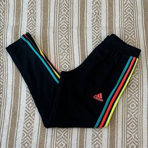 Adidas Black Joggers with Blue, Orange, & Yellow Stripes